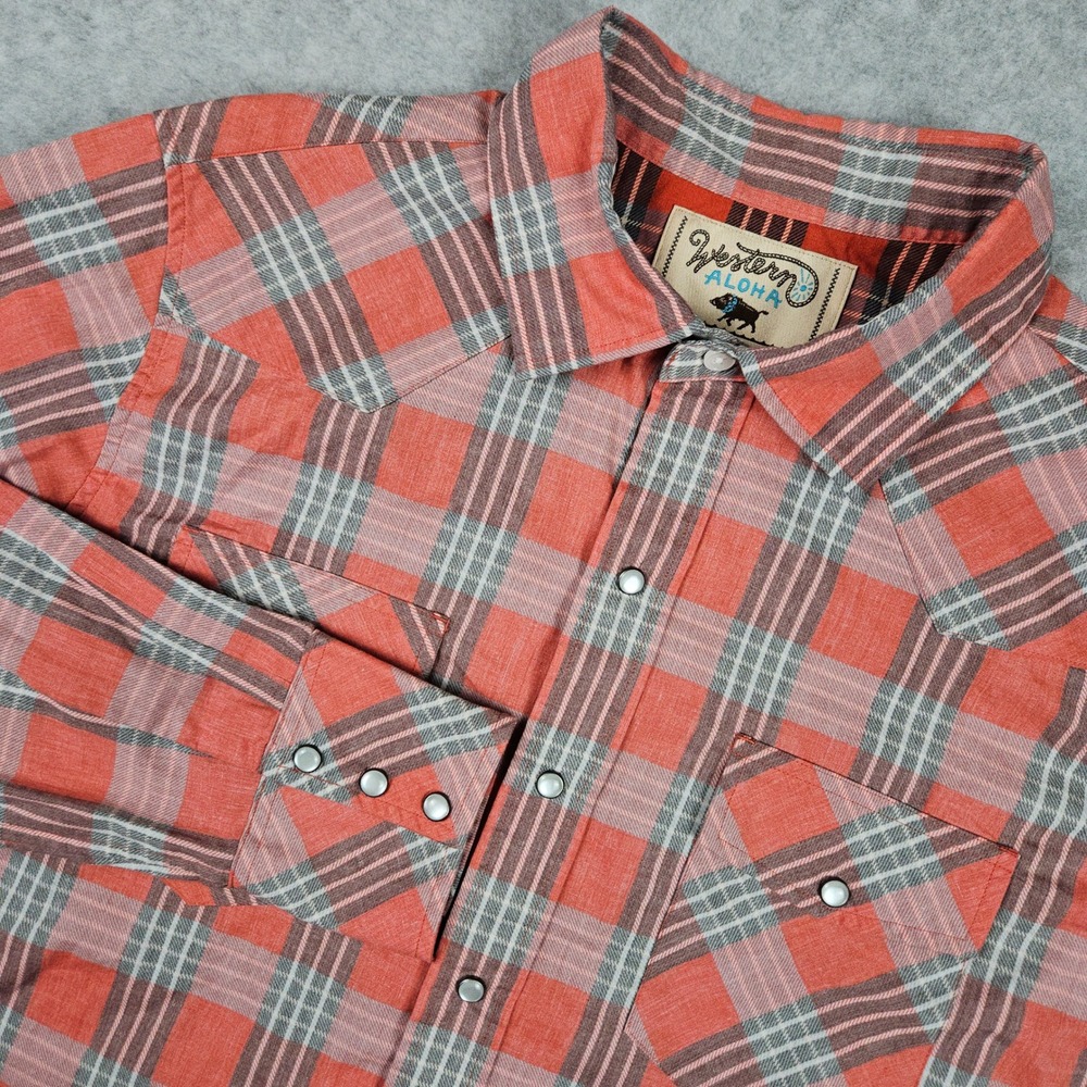 Western Aloha (Men's Large) Red Plaid Pearl Snap Western Shirt Cowboy Big Island